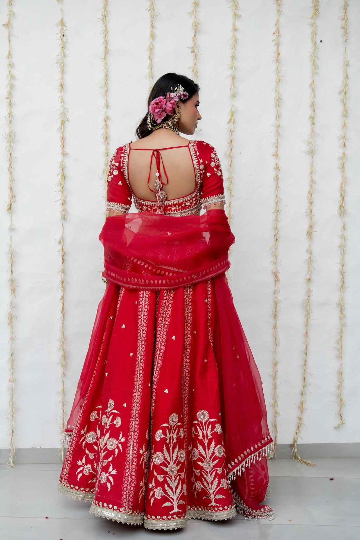 Cherry Red Silk Embroidered Lehenga Set