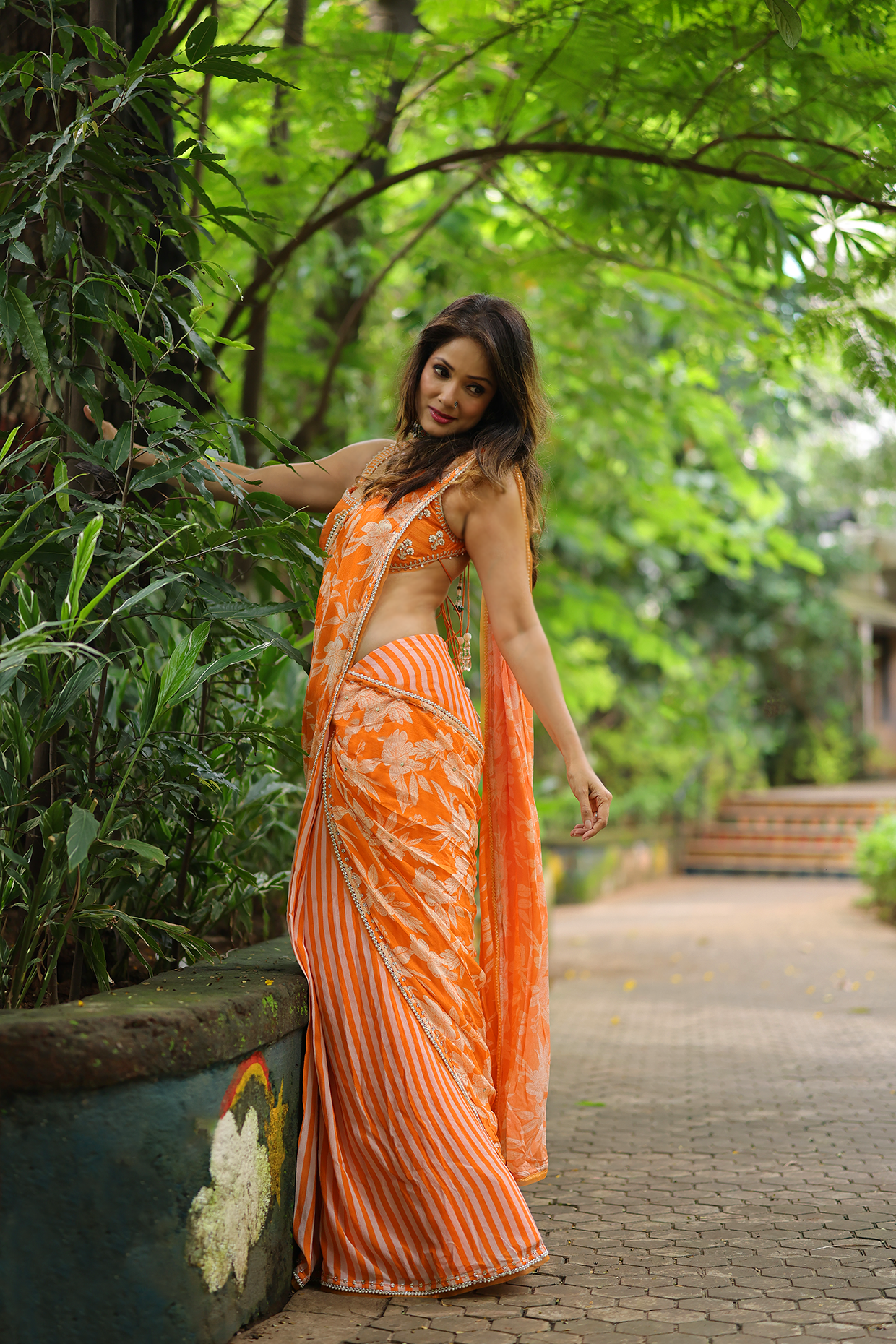Vidya Malavde In Orange Chiffon Draped Saree Set