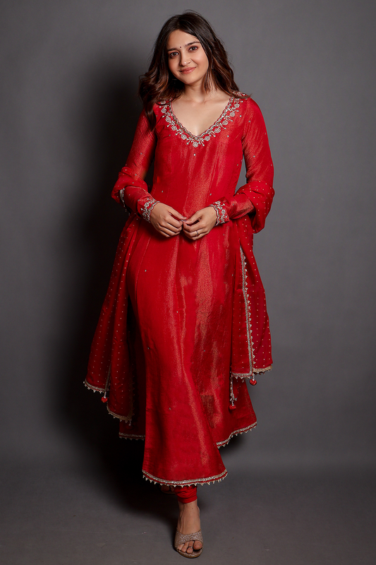 Kavita In Cherry Tissue Embroidered Anarkali Set