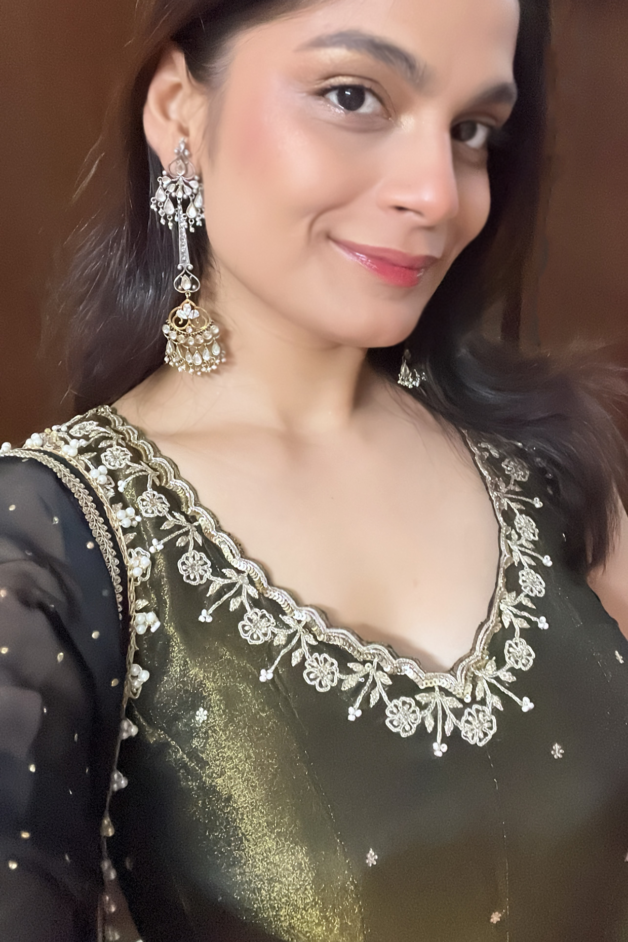 Srishti Dixit In Black Olive Tissue Embroidered Anarkali Set