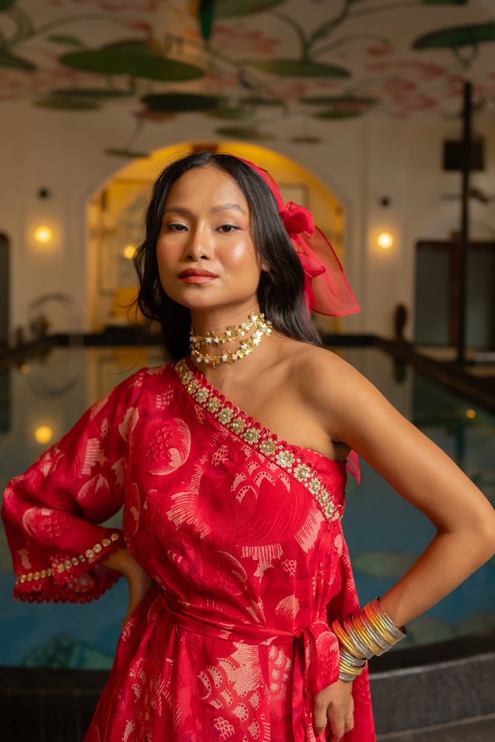 Cherry Red Printed Organza One Shoulder Kaftan Set Cherry Red Printed Organza One Shoulder Kaftan Set