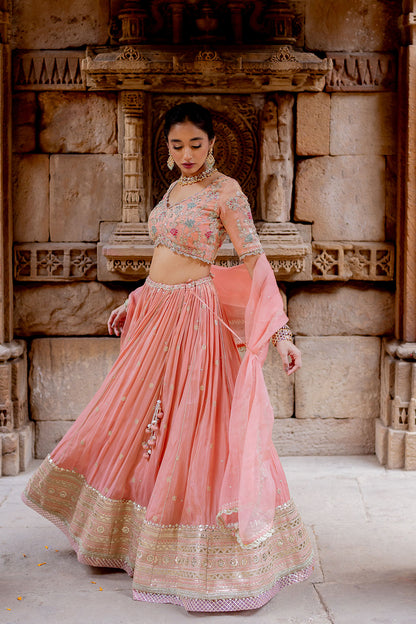 Rose Pink Tissue Embroidered Lehenga Set