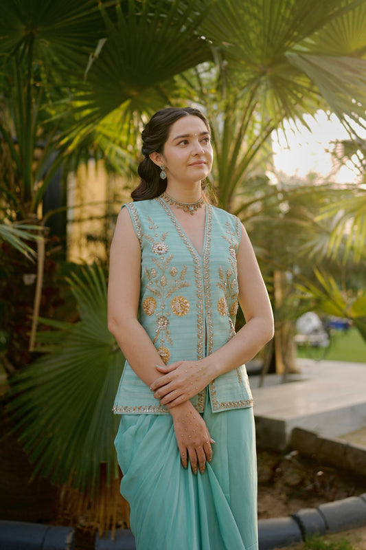 Kavita In Aqua Silk Waistcoat Jacket Set