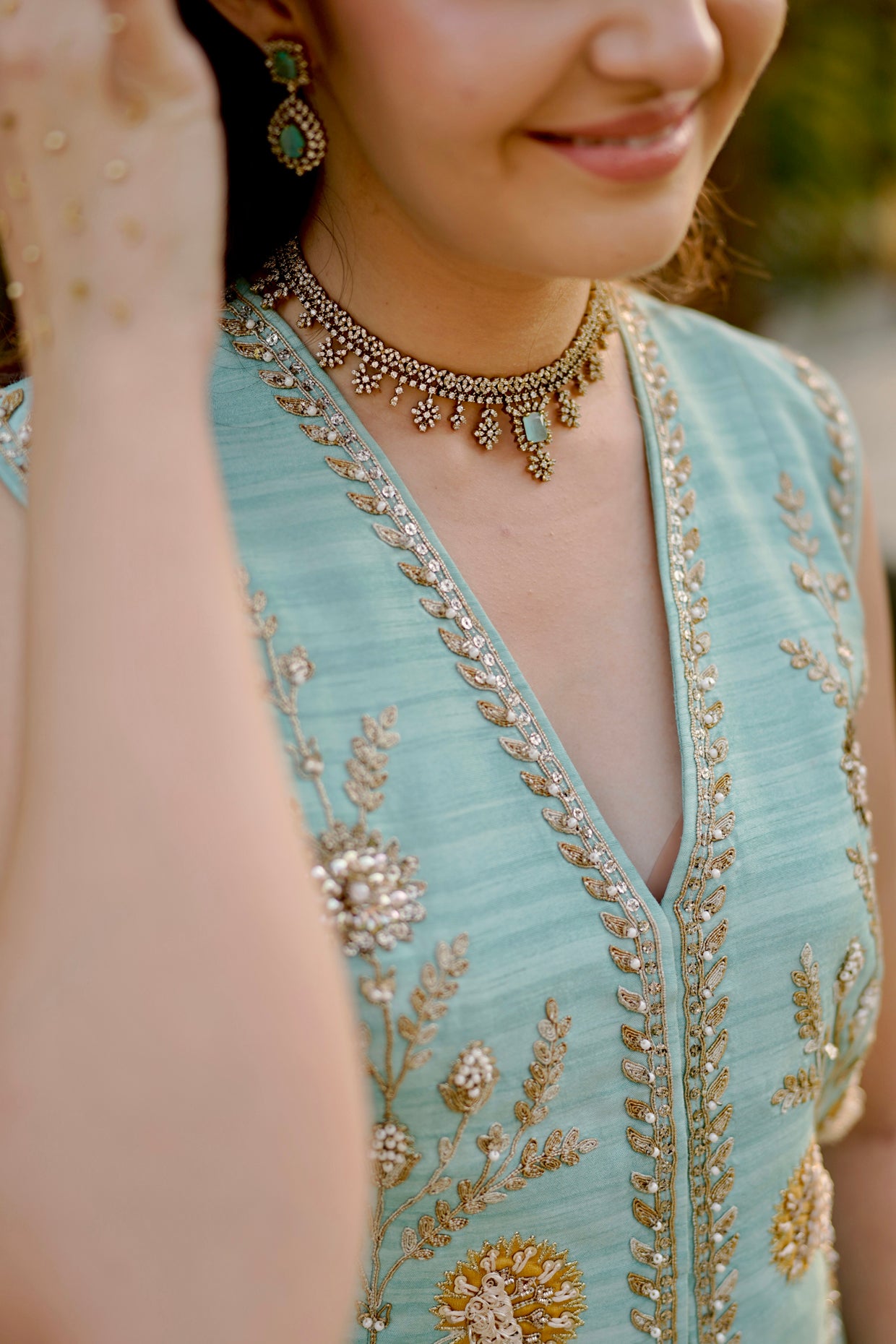 Kavita In Aqua Silk Waistcoat Jacket Set