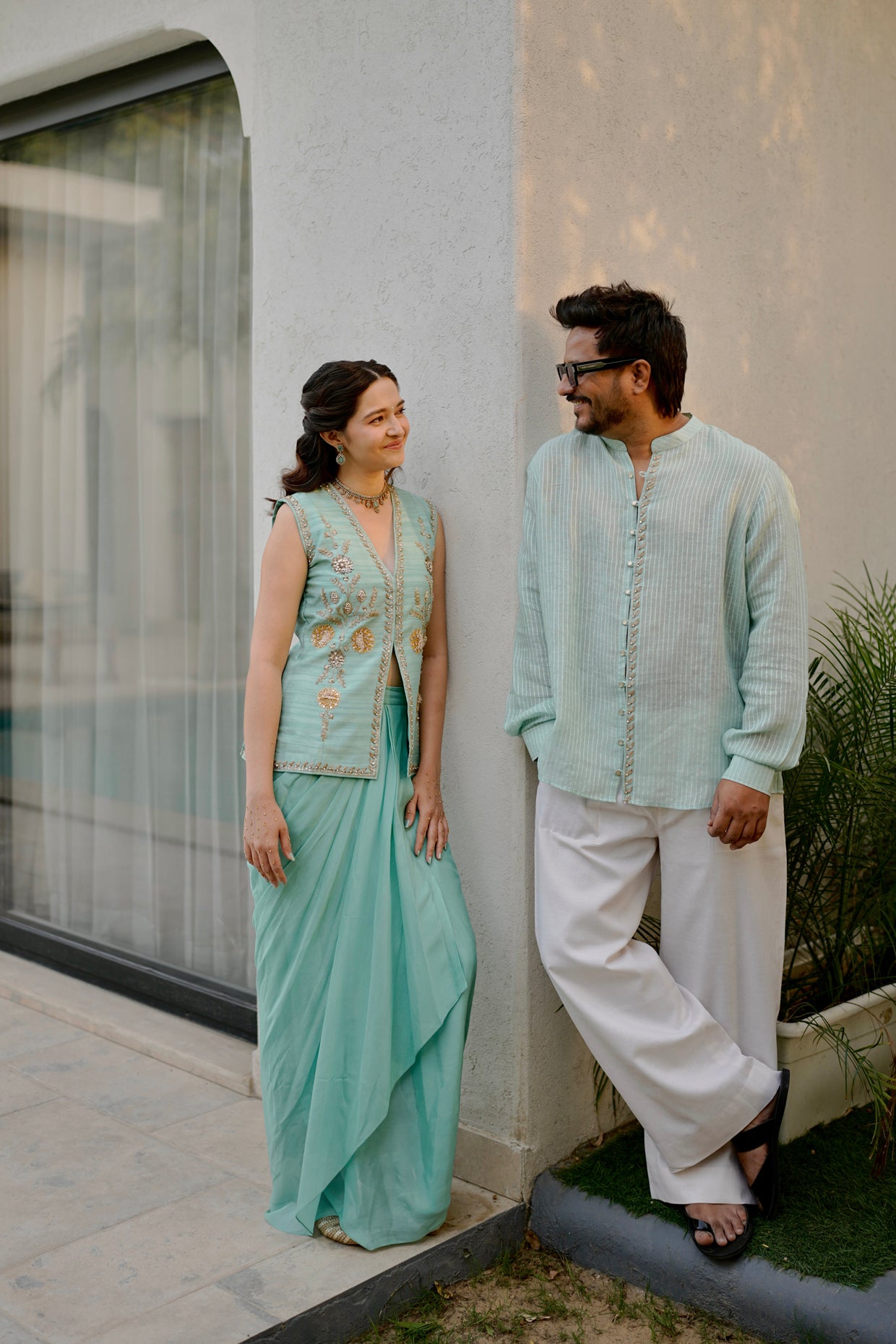 Kavita In Aqua Silk Waistcoat Jacket Set