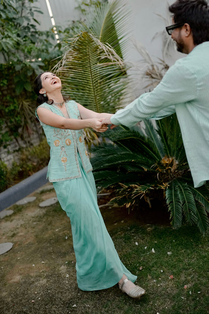 Kavita In Aqua Silk Waistcoat Jacket Set