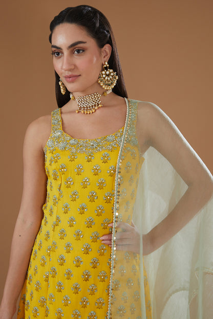 Mustard Chiffon Short Kurta Sharara Set