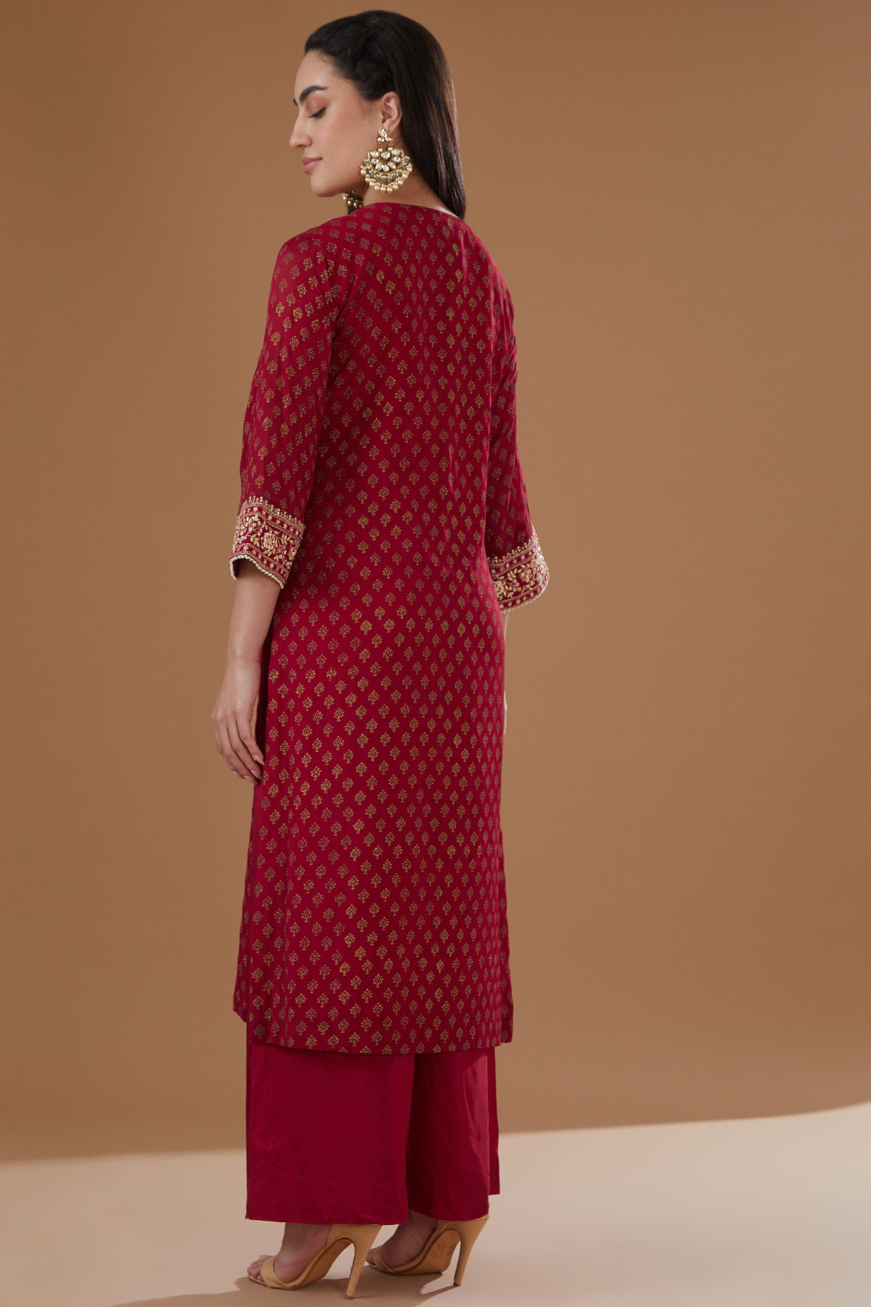 Cherry Red Chanderi Embroidered Straight Kurta Set