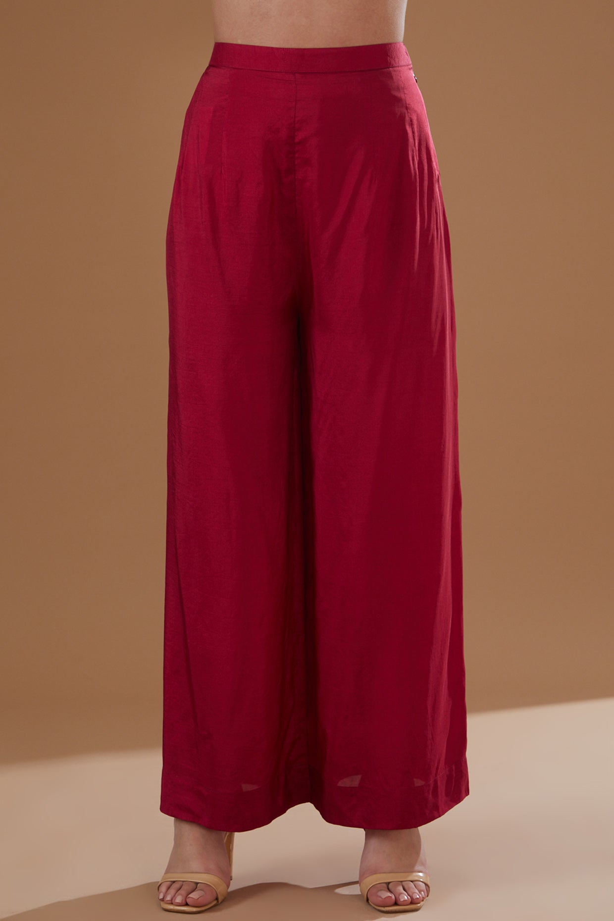 Cherry Red Chanderi Embroidered Straight Kurta Set