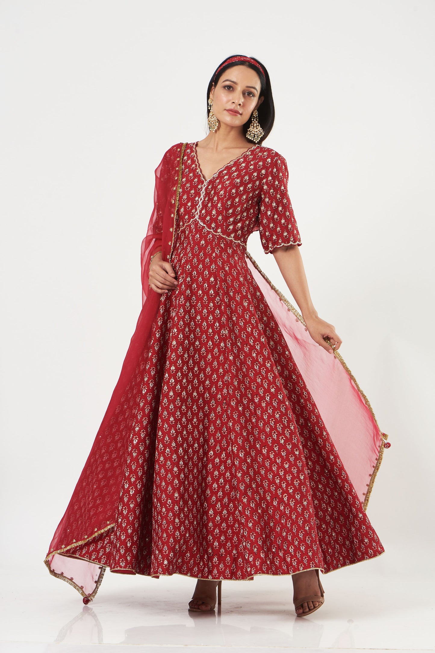 Cherry Red Silk Printed And Embroidered Anarkali Set