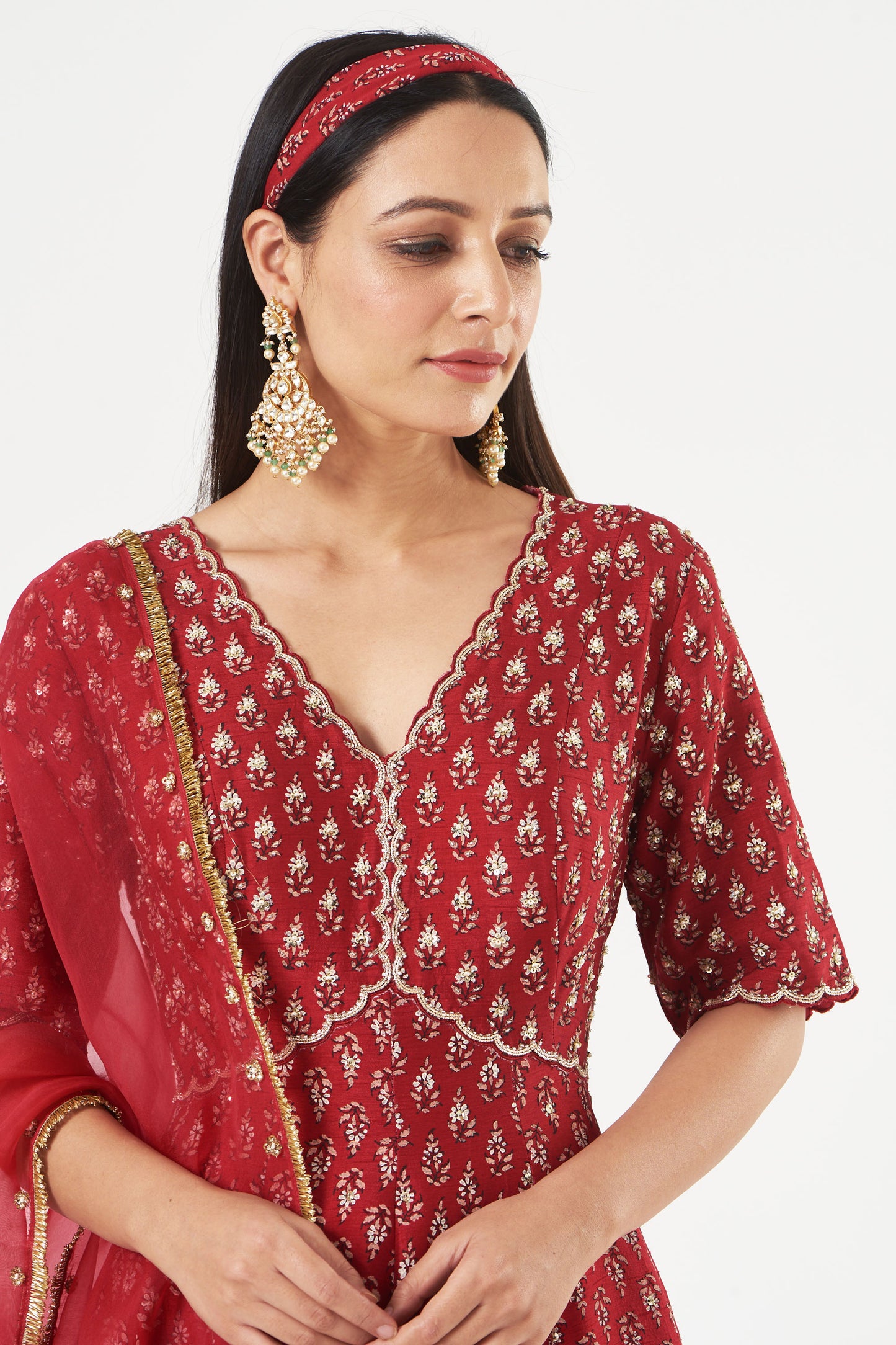Cherry Red Silk Printed And Embroidered Anarkali Set