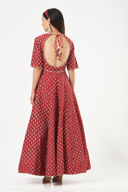 Cherry Red Silk Printed And Embroidered Anarkali Set