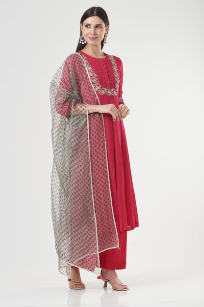 Hot Pink Chiffon Embroidered Flared Anarkali Set