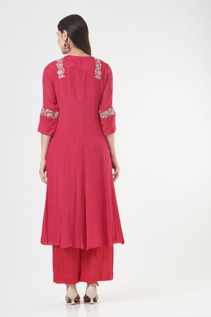 Hot Pink Chiffon Embroidered Flared Anarkali Set