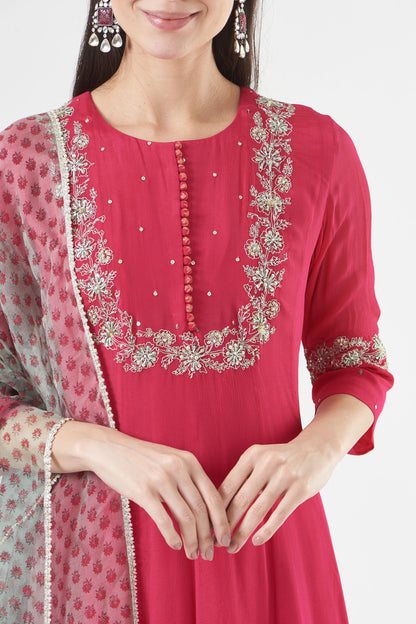 Hot Pink Chiffon Embroidered Flared Anarkali Set