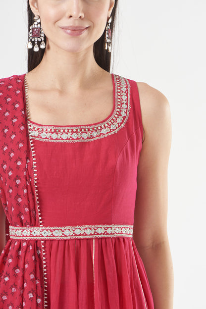 Hot Pink Cotton Mulmul Flared Anarkali Set