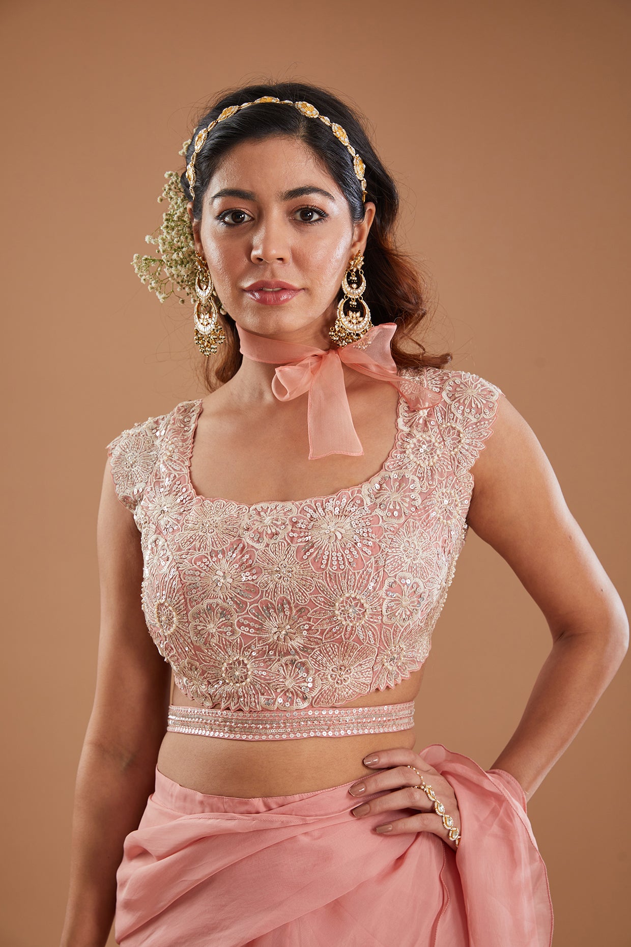 Powder Pink Organza Pre-Draped Ruffle Saree Set
