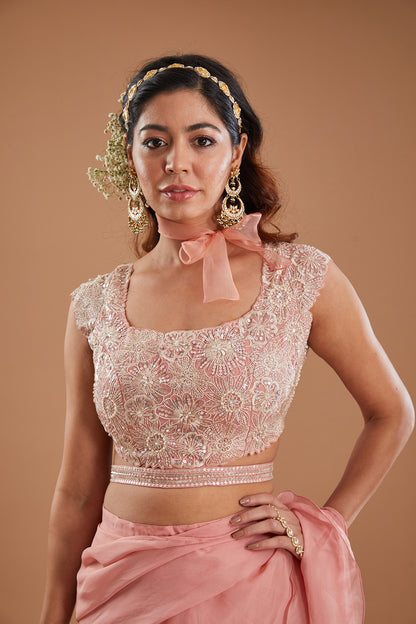 Powder Pink Organza Pre-Draped Ruffle Saree Set