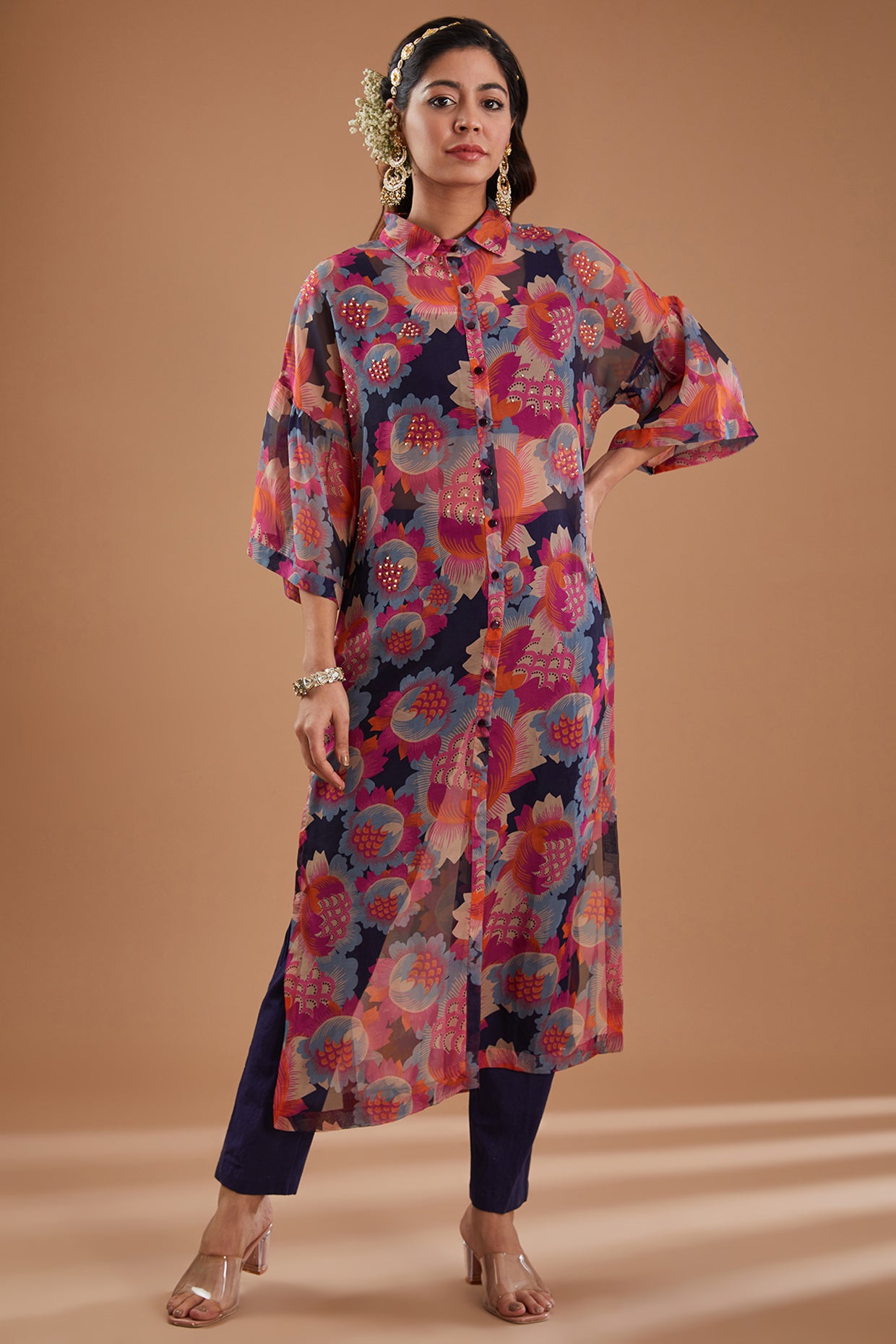 Indigo Organza Printed Tunic Shirt Set