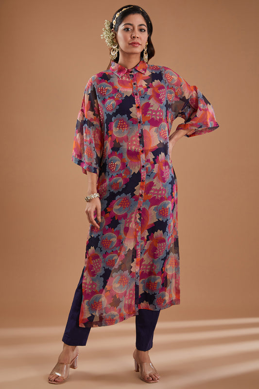 Indigo Organza Printed Tunic Shirt Set