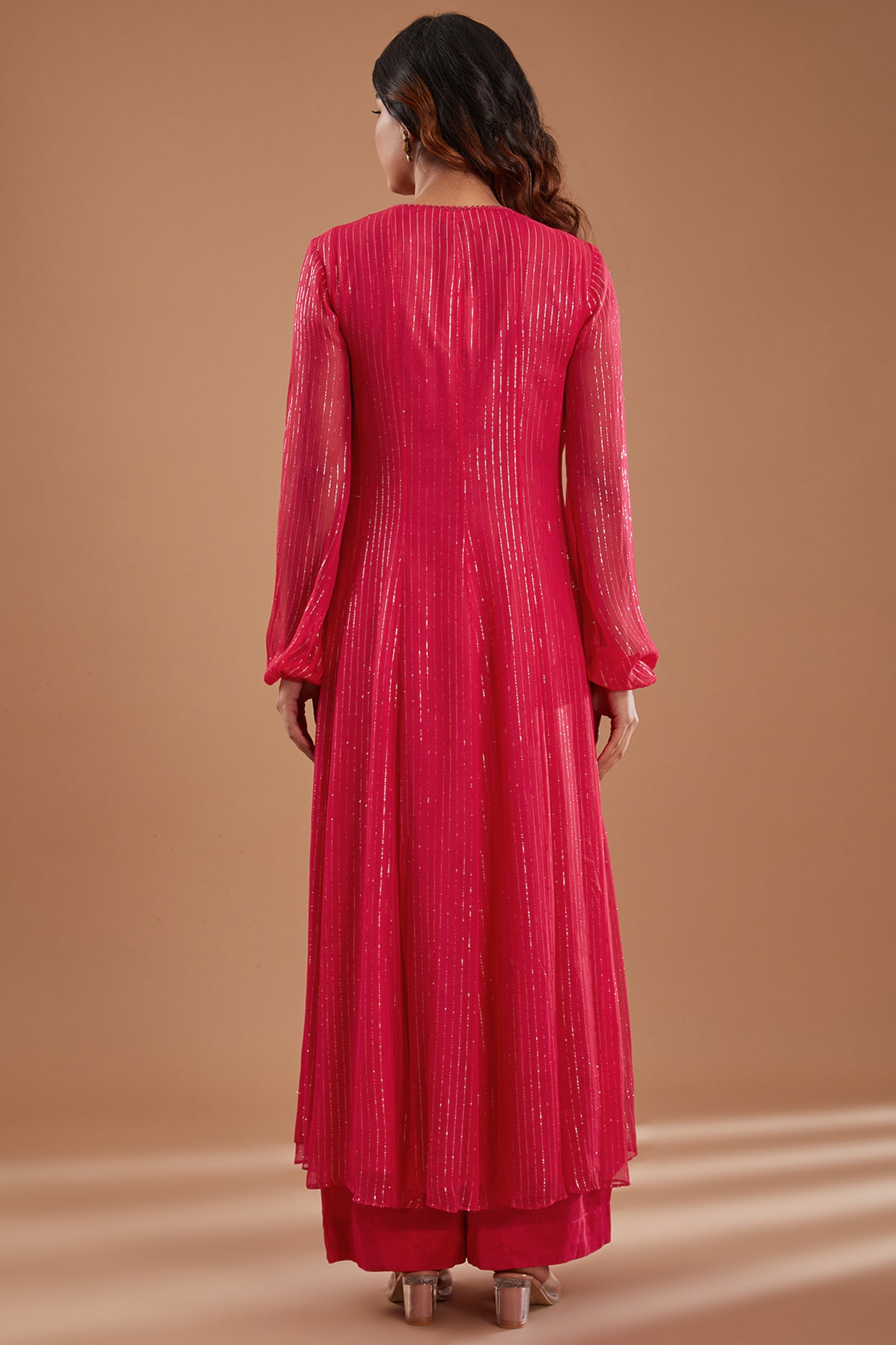 Fuchsia Georgette Embroidered Flared Kurta Set