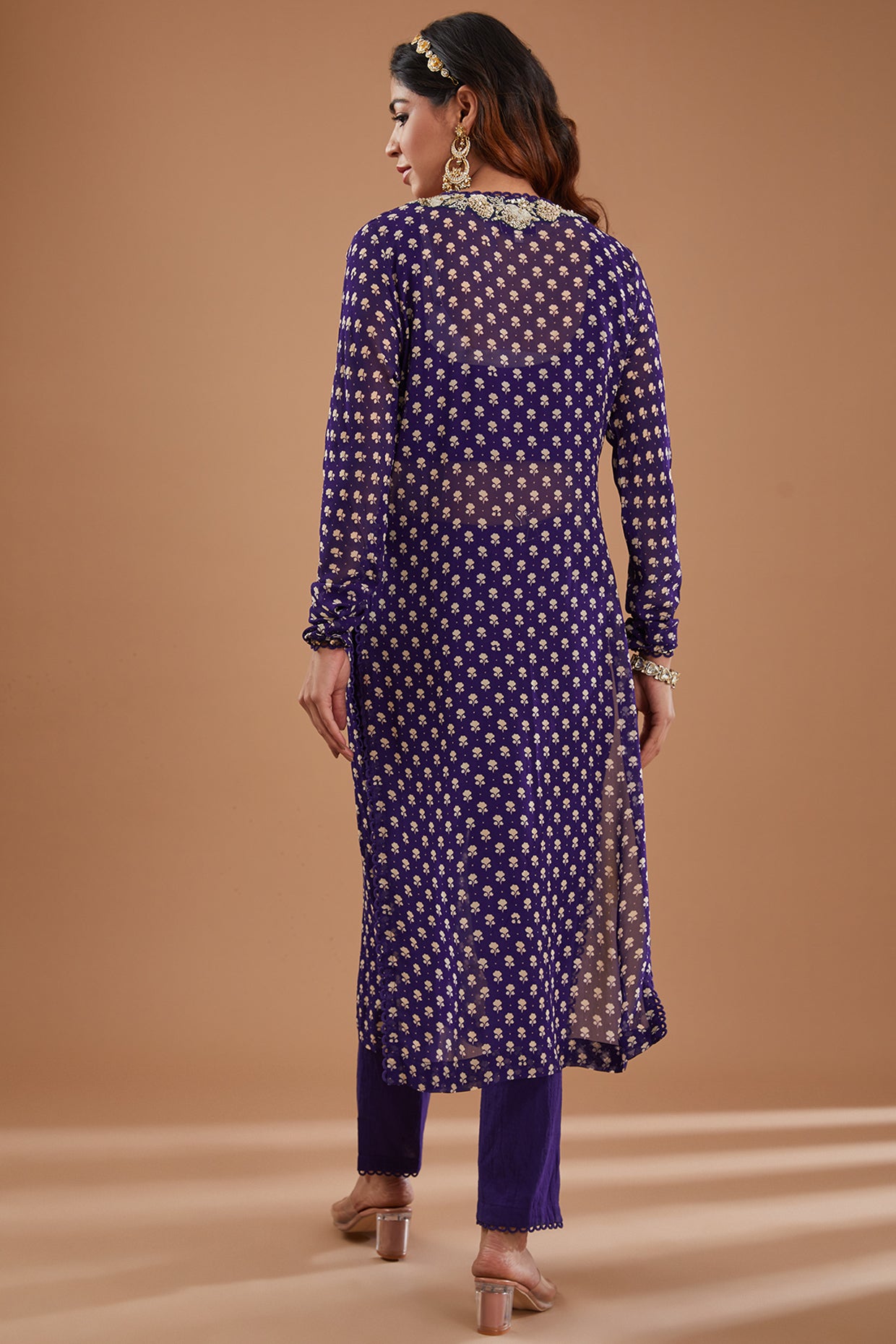 Ink Blue Printed & Embroidered Georgette Kurta Set