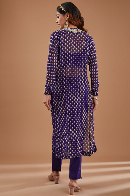 Ink Blue Printed & Embroidered Georgette Kurta Set