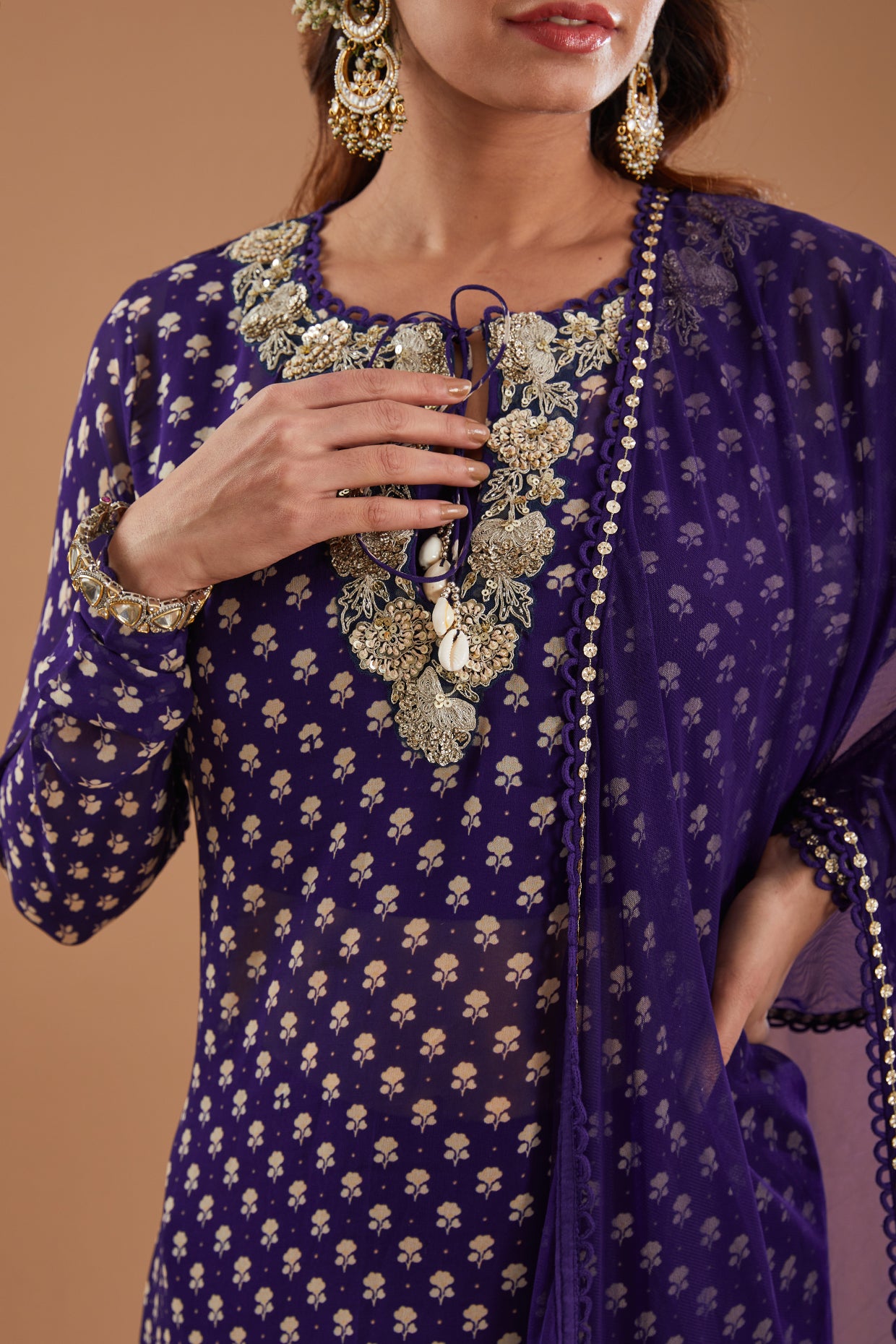 Ink Blue Printed & Embroidered Georgette Kurta Set