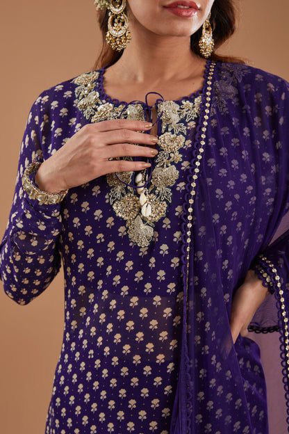 Ink Blue Printed & Embroidered Georgette Kurta Set