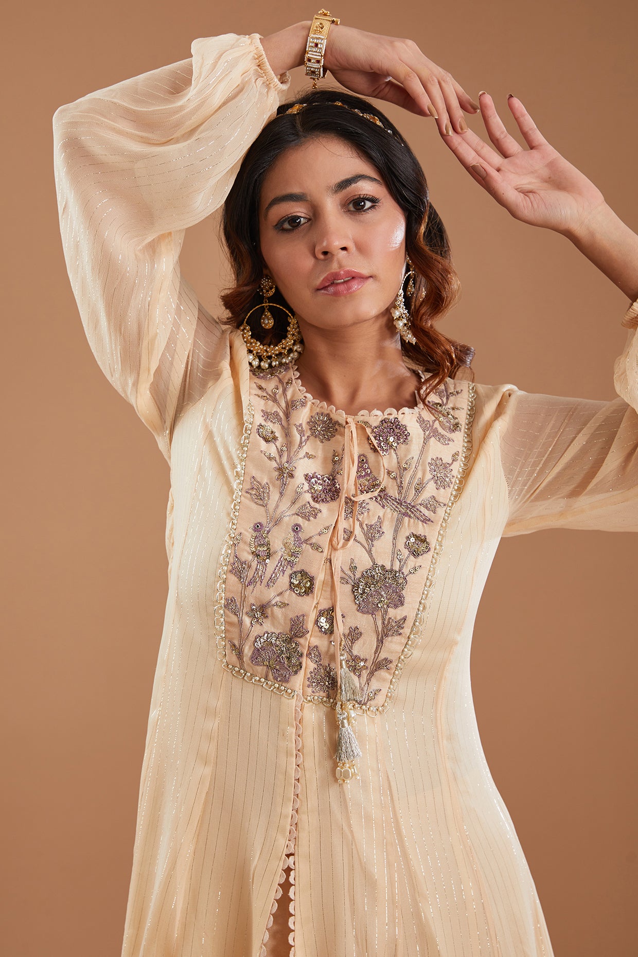 Ecru Georgette Embroidered Flared Kurta Set
