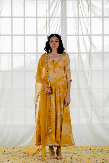 Mustard Georgette Mirror-Work Anarkali Set