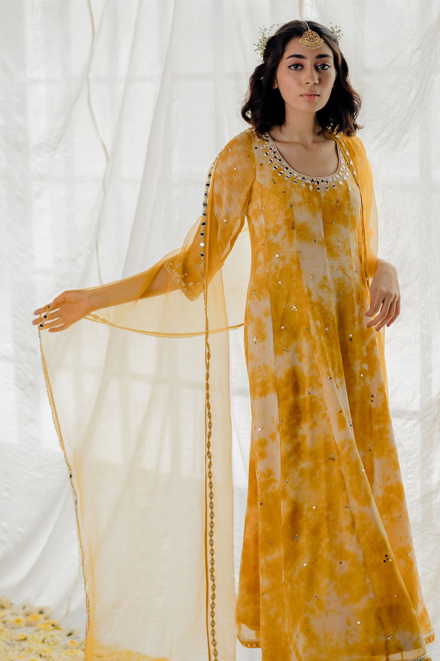 Mustard Georgette Mirror-Work Anarkali Set