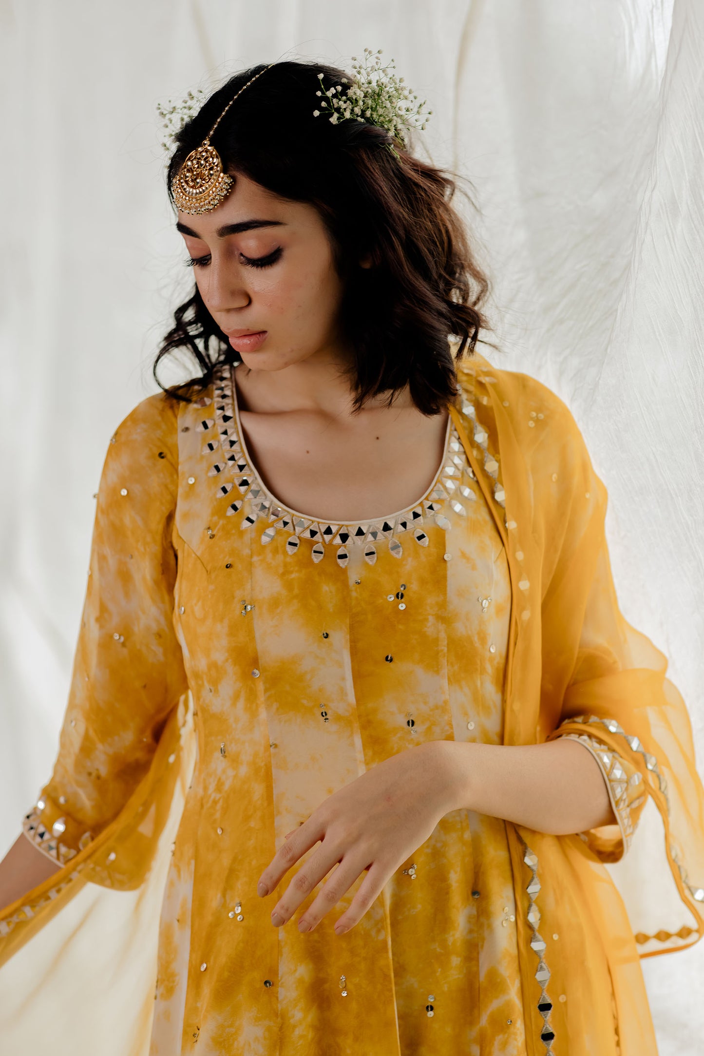 Mustard Georgette Mirror-Work Anarkali Set