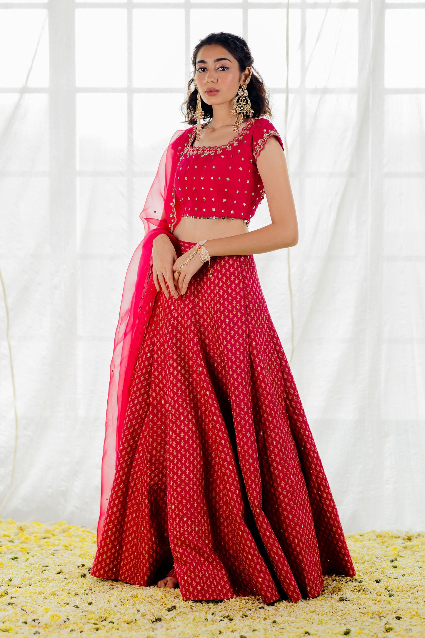 Hot Pink Silk Printed & Embroidered Lehenga Set