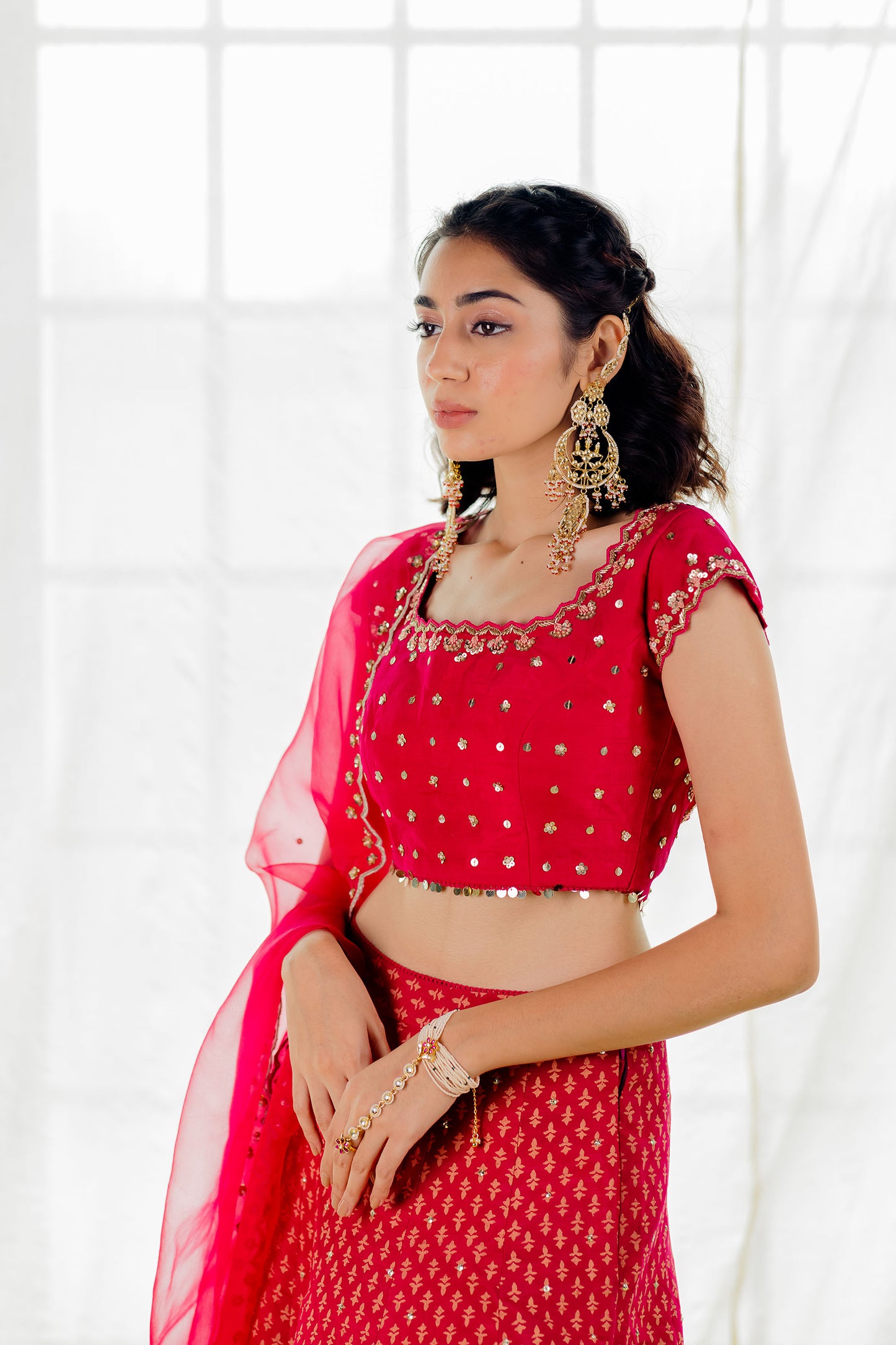 Hot Pink Silk Printed & Embroidered Lehenga Set