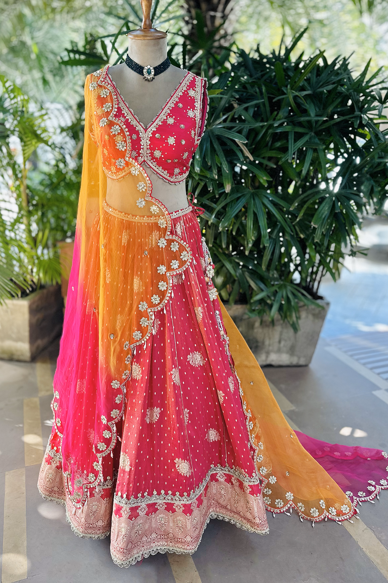 Amitha In Hot Pink Embroidered Tissue Lehenga Set