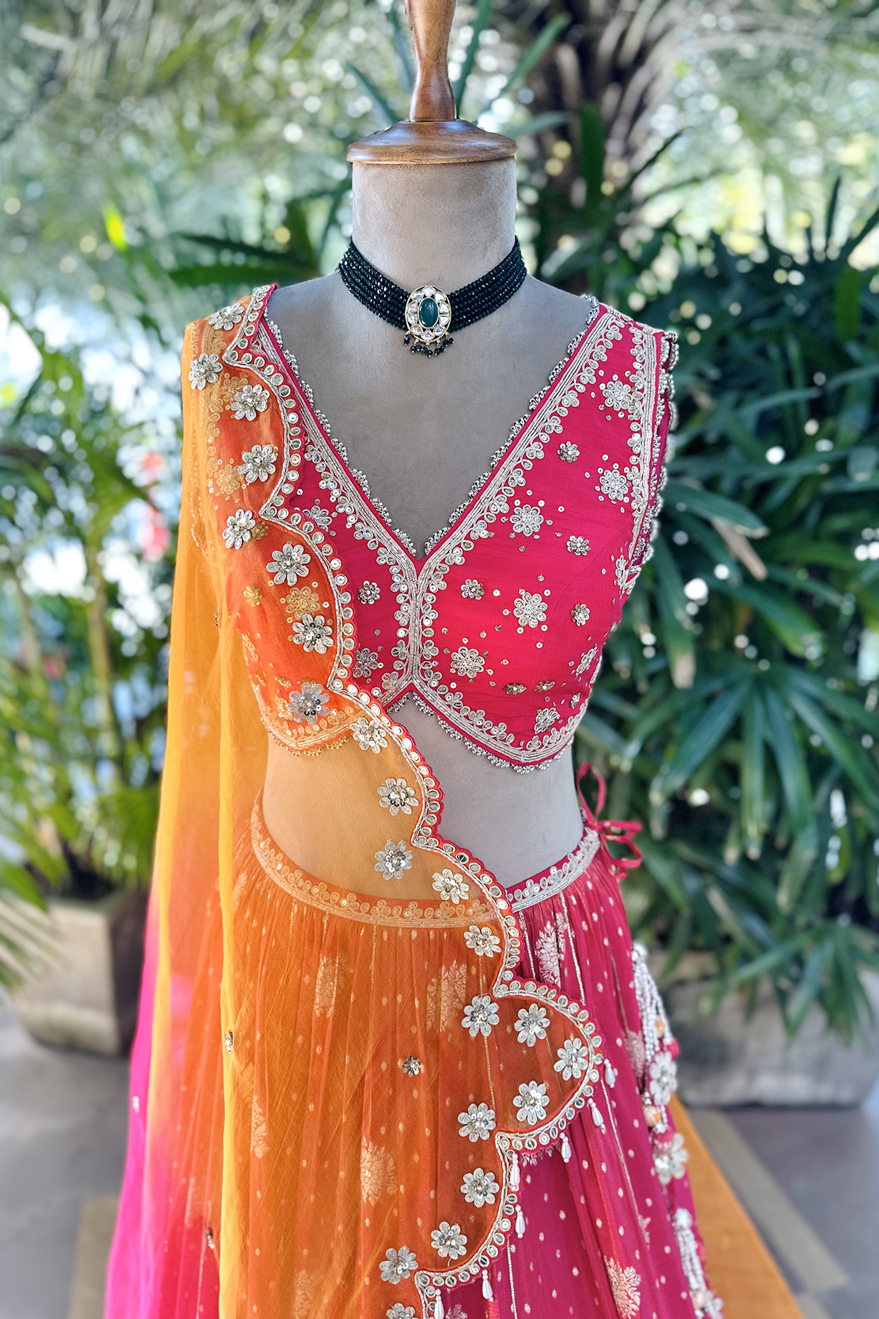 Amitha In Hot Pink Embroidered Tissue Lehenga Set