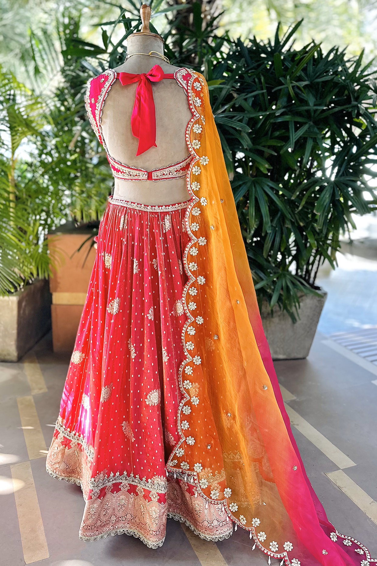 Amitha In Hot Pink Embroidered Tissue Lehenga Set