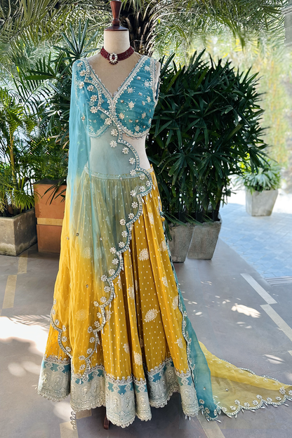 Arisha In Mustard-Jade Embroidered Tissue Lehenga Set