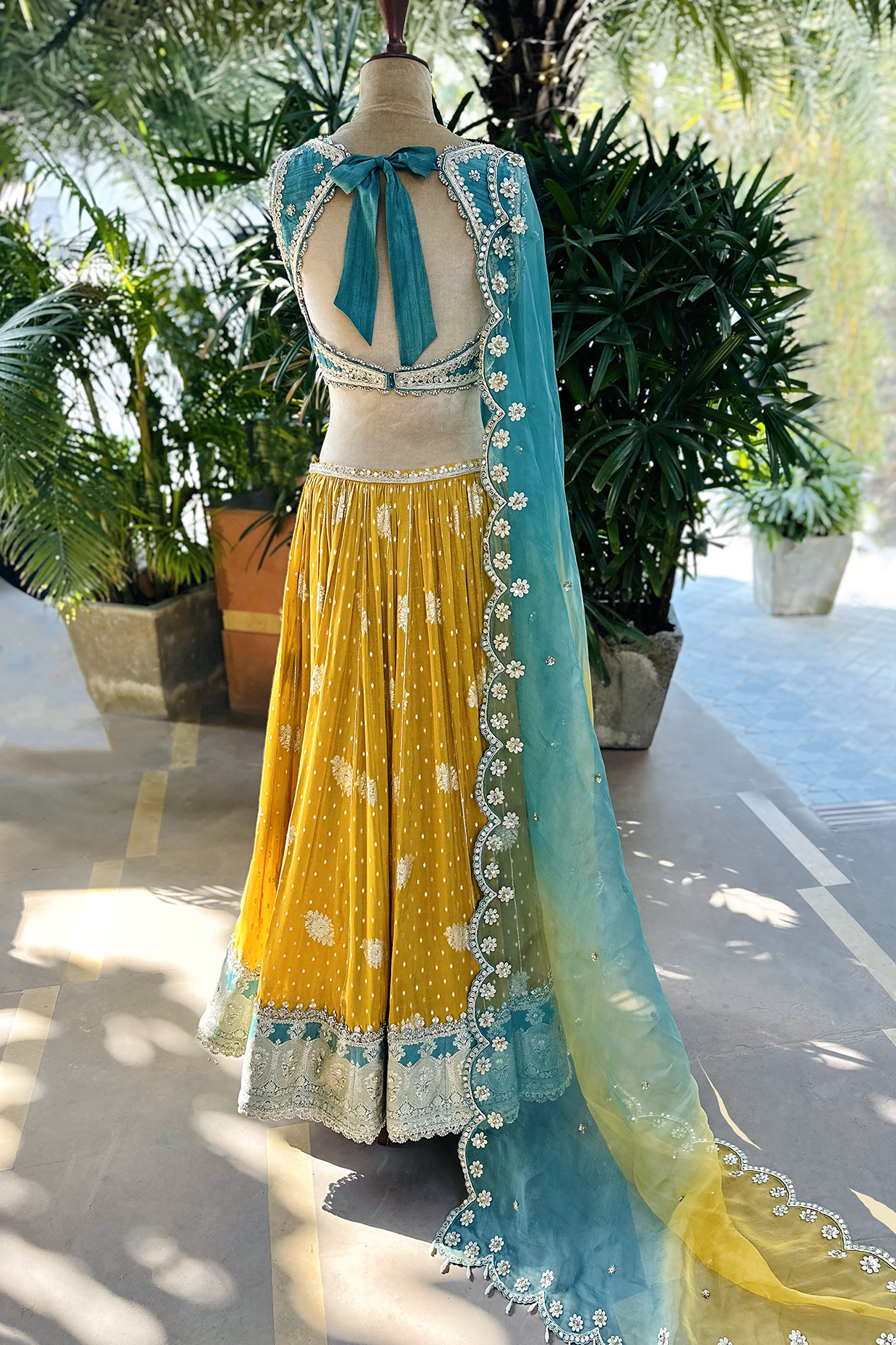 Arisha In Mustard-Jade Embroidered Tissue Lehenga Set