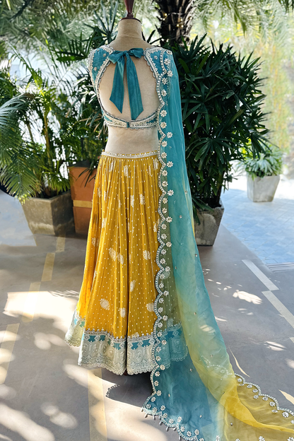 Arisha In Mustard-Jade Embroidered Tissue Lehenga Set