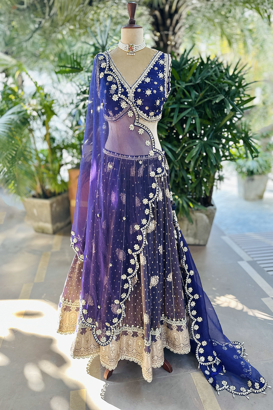 Royal Purple Embroidered Tissue Lehenga Set