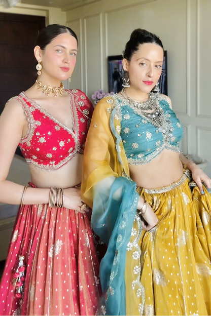 Arisha In Mustard-Jade Embroidered Tissue Lehenga Set