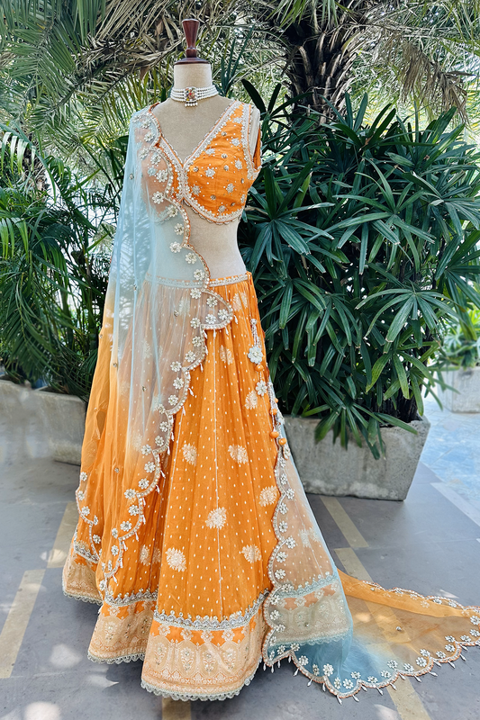 Tangerine Embroidered Tissue Lehenga Set
