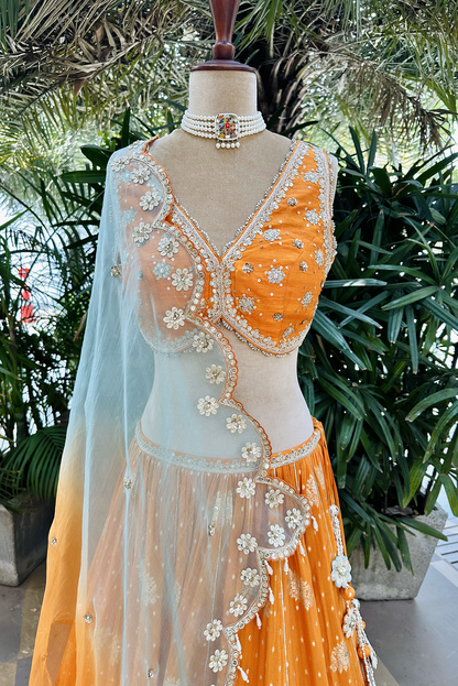 Tangerine Embroidered Tissue Lehenga Set