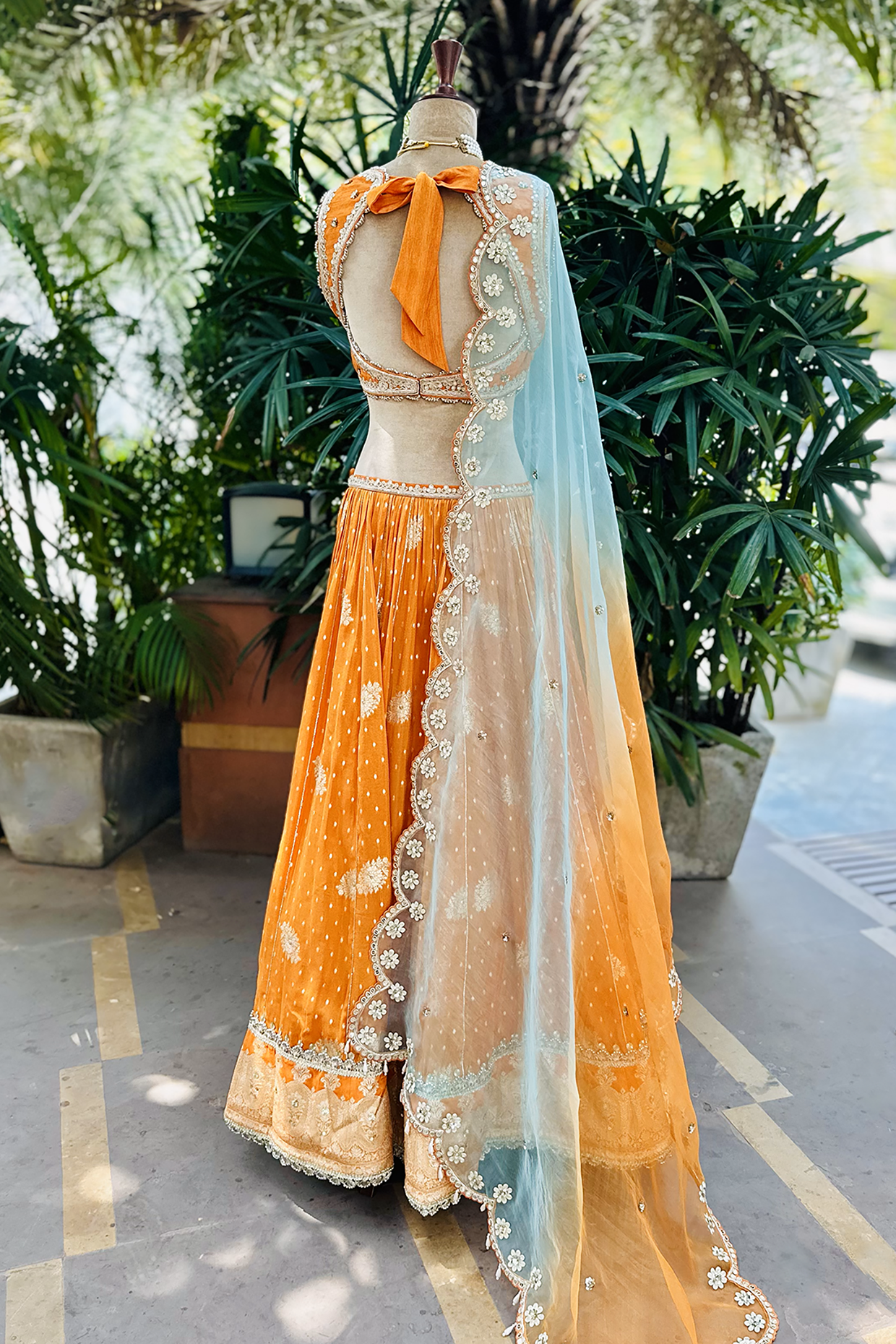 Tangerine Embroidered Tissue Lehenga Set