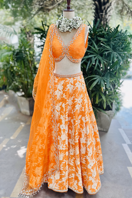 Orange Silk Printed & Embroidered Lehenga Set
