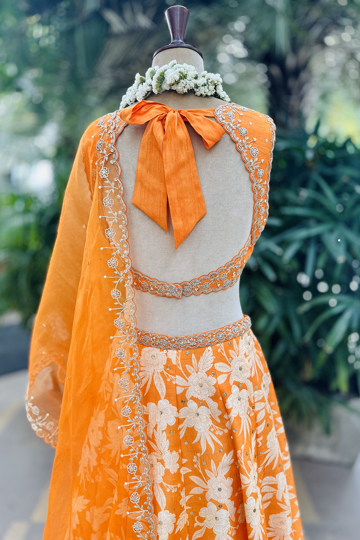 Orange Silk Printed & Embroidered Lehenga Set