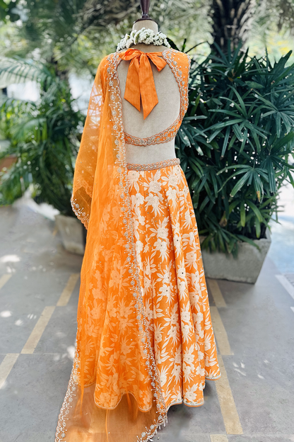 Orange Silk Printed & Embroidered Lehenga Set