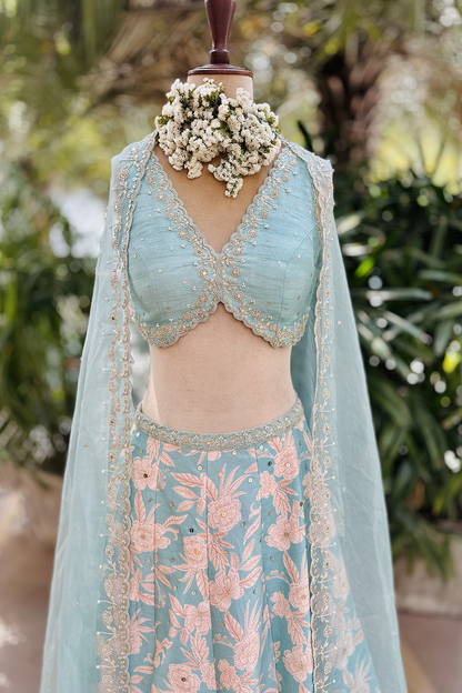 Aqua Silk Printed & Embroidered Lehenga Set